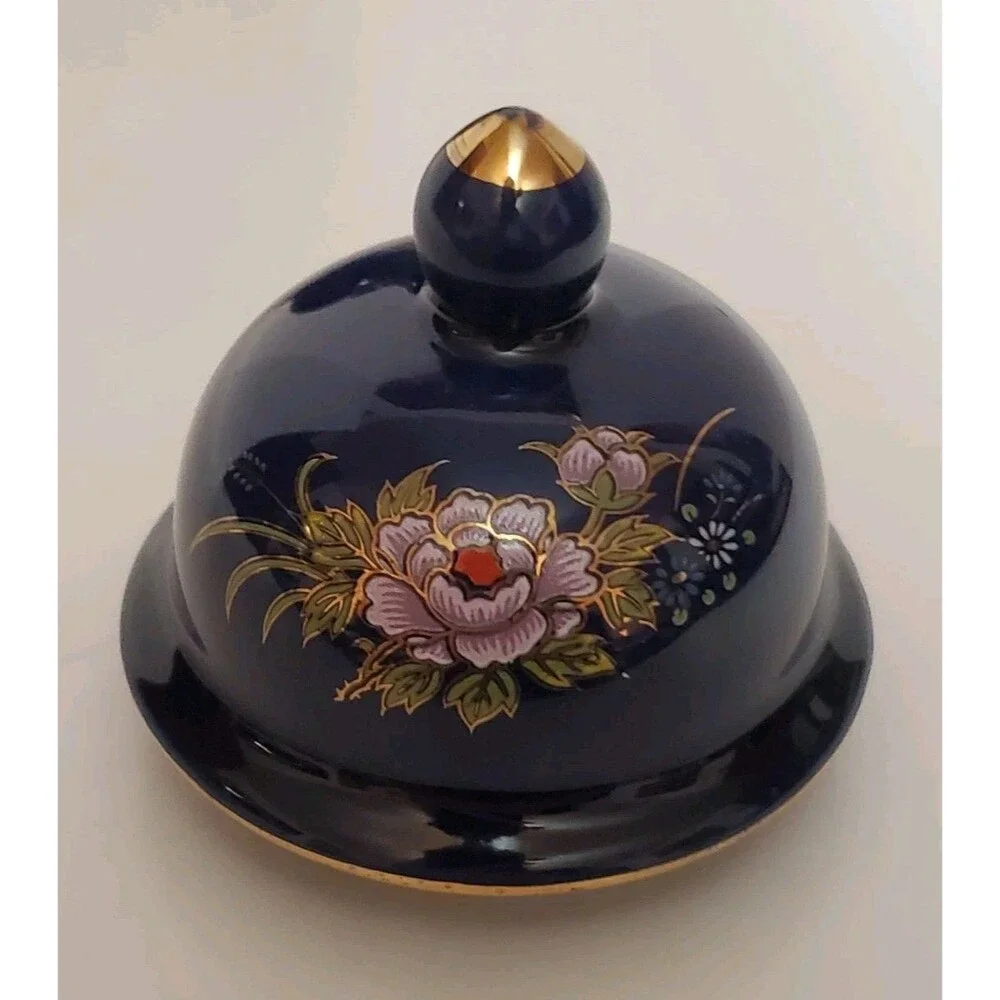 Cobalt Blue Gold Gilt Peacock Ginger Jar Urn Bird Floral Porcelain Lid 8 1/2 Vtg